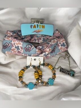 Faith Blue Hair Clip with Turquoise Cross Jewelry Set of 4